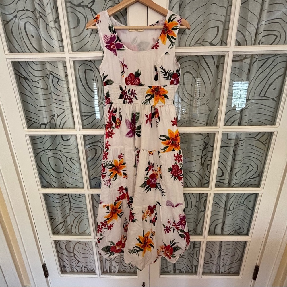 eShakti white tropical floral sleeveless tiered maxi dress size S 4